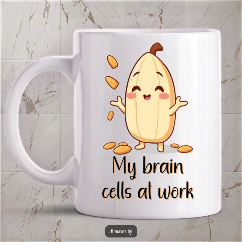 Funny Mug featuring a smiling almond character skillfully juggling miniature almond slivers, showcasing their impressive nutty talent.