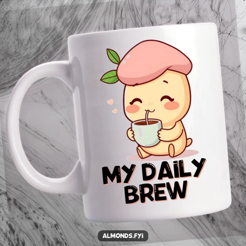 Funny mug with a happy almond character wearing a beret, elegantly sipping coffee, embodying chic enjoyment.