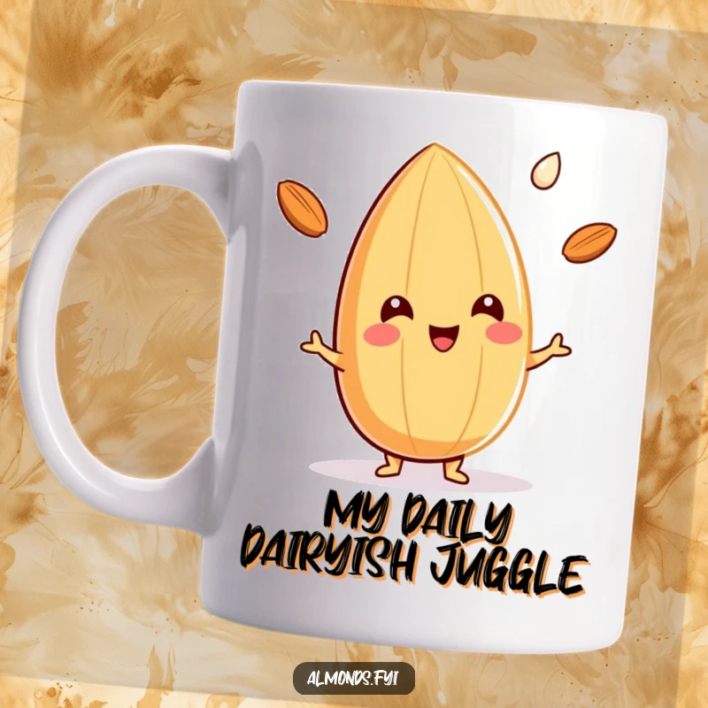 Funny mug showcasing a cheerful almond character expertly juggling three small drops of almond milk, looking proud and happy.