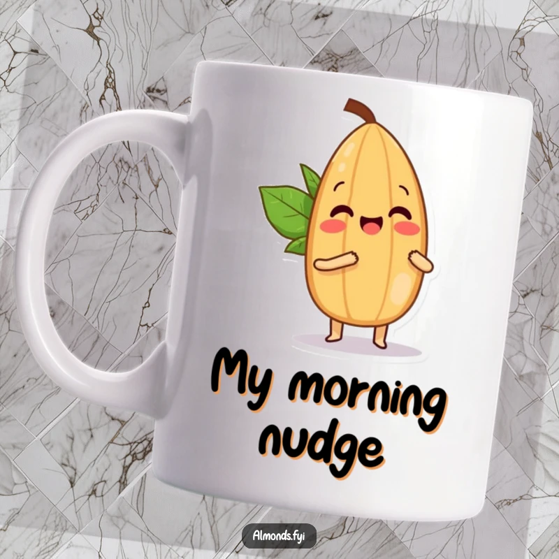 Funny mug featuring a playful almond character gently bopping a smaller almond character with its tip, full of mischief.