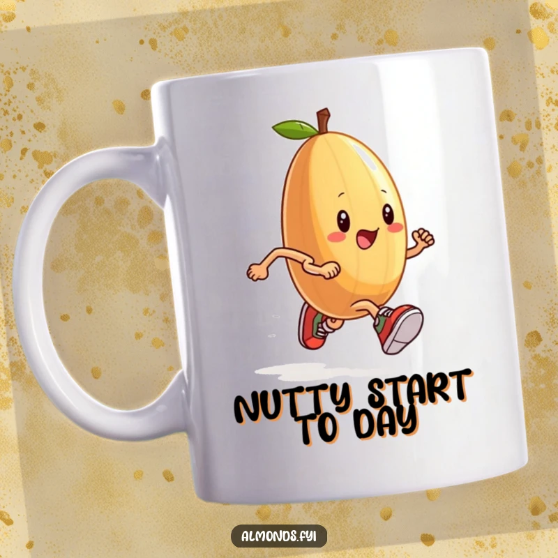 Funny mug showing an anthropomorphic almond wearing tiny sneakers, enthusiastically running a race, celebrating speed and humor.