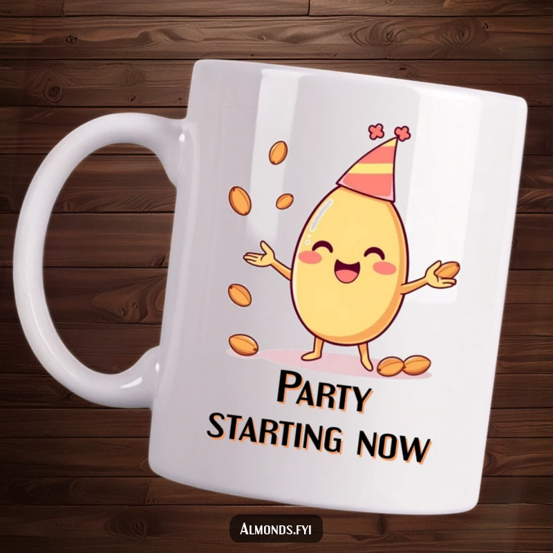 Funny coffee mug depicting a happy almond character wearing a small party hat, skillfully juggling miniature almonds with a joyful expression.