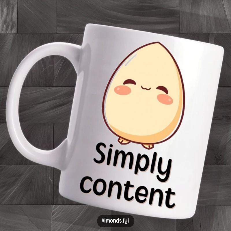Funny mug featuring a content almond character looking upwards with a peaceful smile, exuding tranquility and gentle happiness.