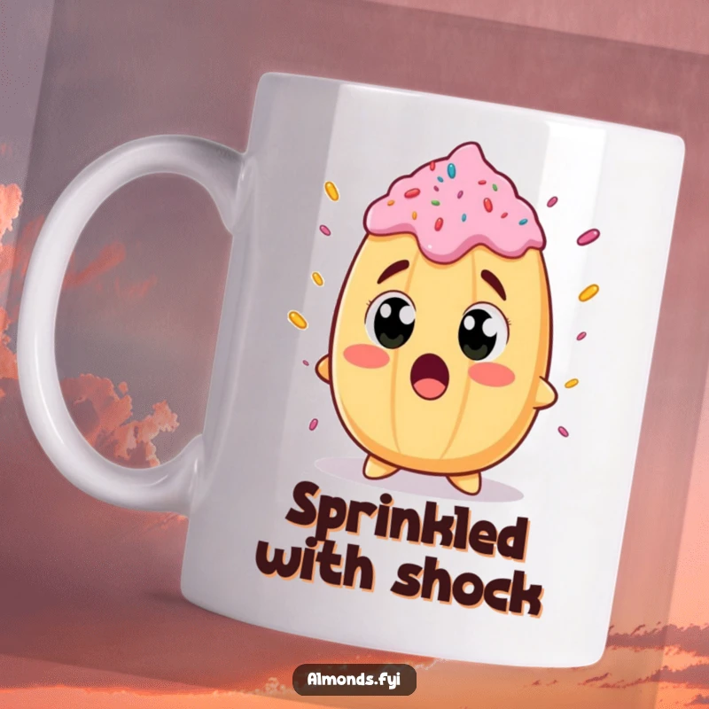 Funny mug featuring a surprised almond character with comically wide eyes, staring in awe at a gigantic sprinkle.
