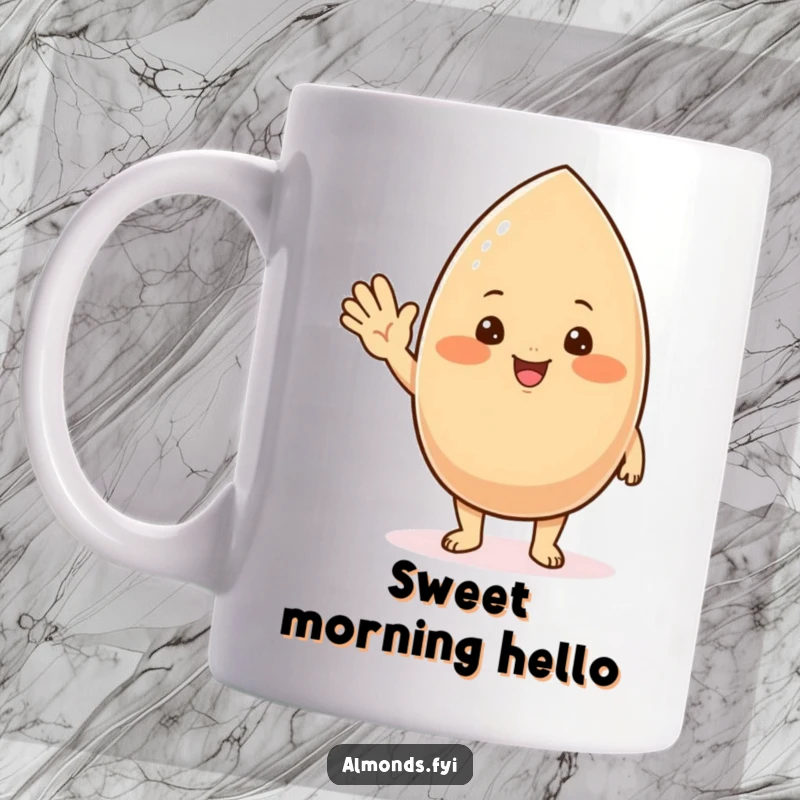 Funny mug depicting a chubby, blushing almond character with rosy cheeks, offering a sweet and friendly wave.