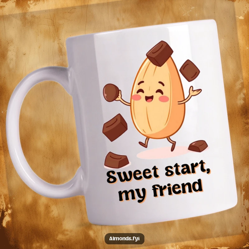 Funny mug shows a cheerful almond with tiny legs juggling falling chocolate chips, symbolizing sweet fun.