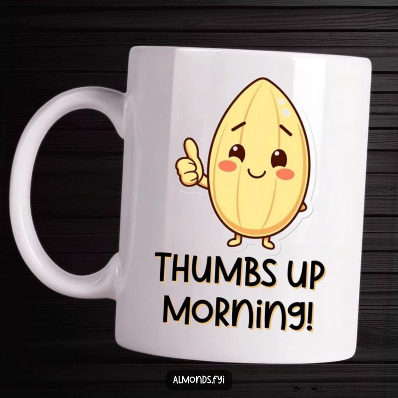 Funny mug with a beaming almond character offering a confident thumbs-up and a gentle smile, radiating pure positivity.