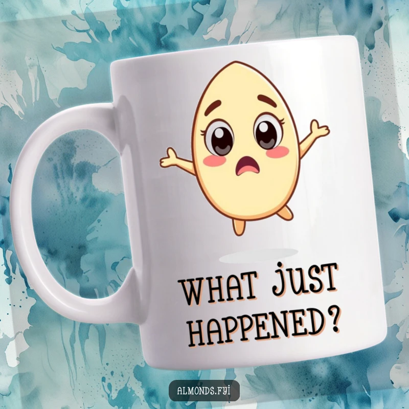 Funny coffee mug featuring a surprised almond character with wide eyes mid-air, performing a comical, silly jump, expressing shock and excitement.