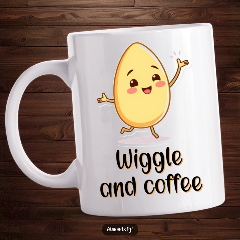 Funny almond character doing a silly dance with comically wiggling tiny legs, spreading cheer on a coffee mug.