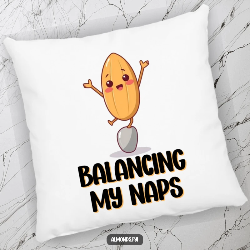 Funny pillow with a cheerful almond character humorously trying to balance on a single point, offering cozy laughs.