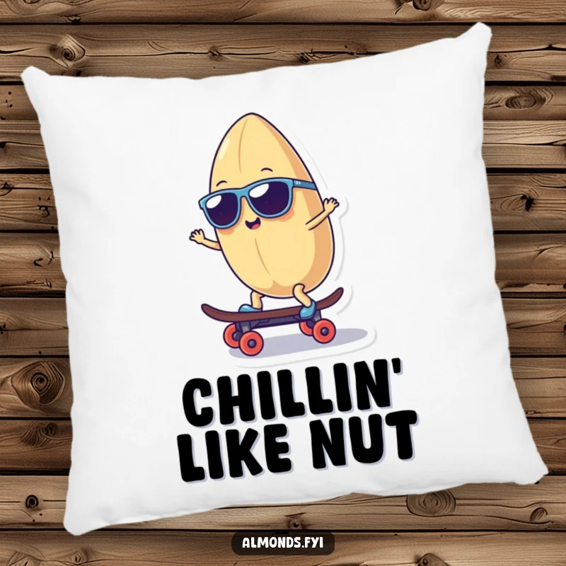 Funny pillow depicting a smiling almond character in sunglasses riding a tiny skateboard, offering comfort and a humorous cool vibe.
