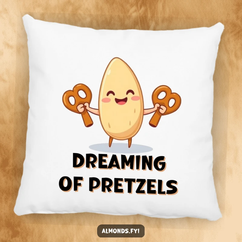 Funny pillow featuring a delighted almond character juggling three giant pretzels, designed for ultimate comfort and smiles.