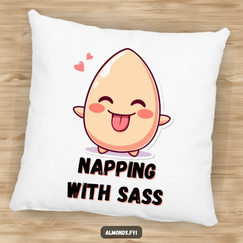 Funny pillow featuring a plush, cute almond character sticking out its tongue with a wide, cheeky grin.