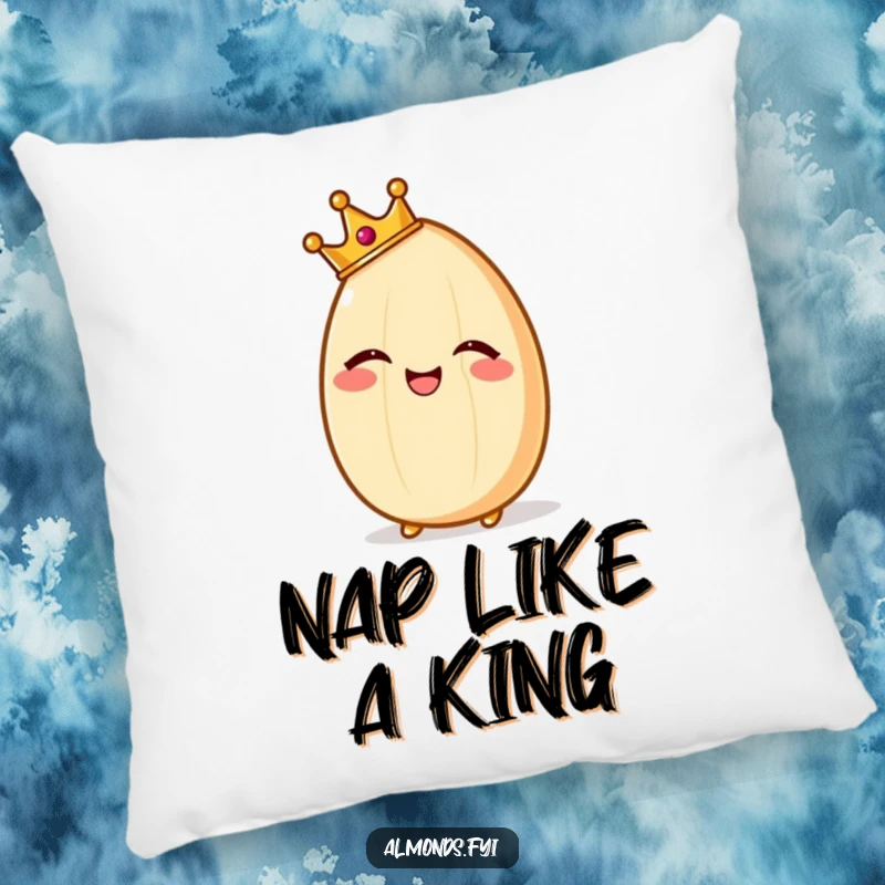 Funny pillow featuring a soft, giggling almond character wearing a crown, looking regal and incredibly cozy.