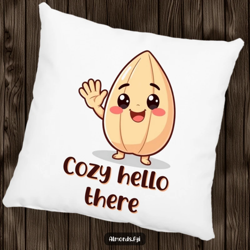 Funny pillow graphic of a delighted almond character waving happily, conveying pure joy and friendly greetings humorously.