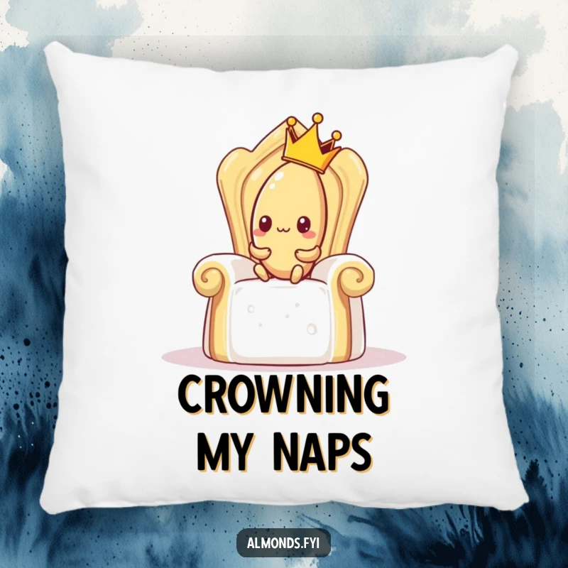 Funny pillow depicting a shy almond with a crown trying to sit on a giant sugar cube throne, plush and humorous home decor.