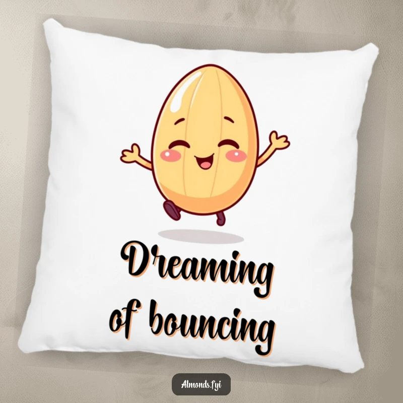 Funny pillow with a giggling almond character on legs, happily bouncing, offering comfort and joy.