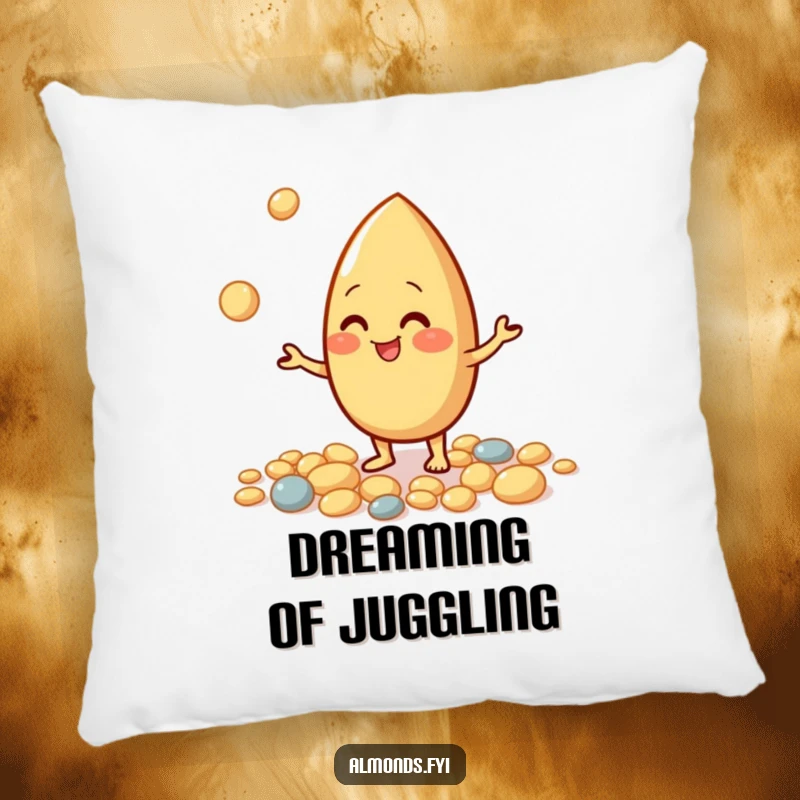 Funny pillow with a giggling almond character juggling small pebbles, providing comfort and a dash of nutty fun.