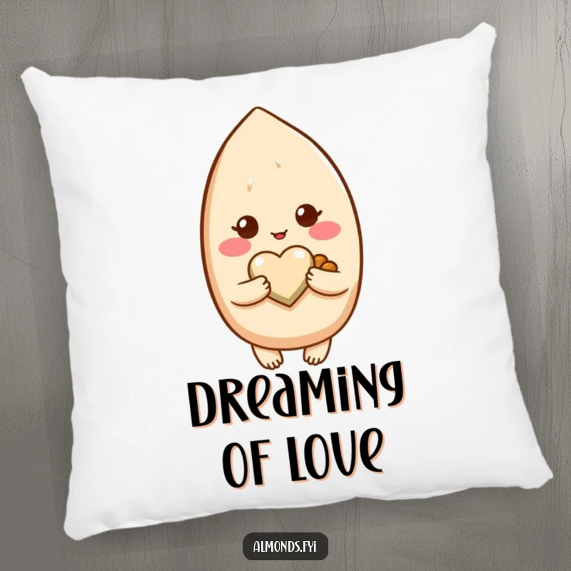 Funny pillow featuring a shy, blushing almond character gently holding a miniature, adorable heart-shaped nut.