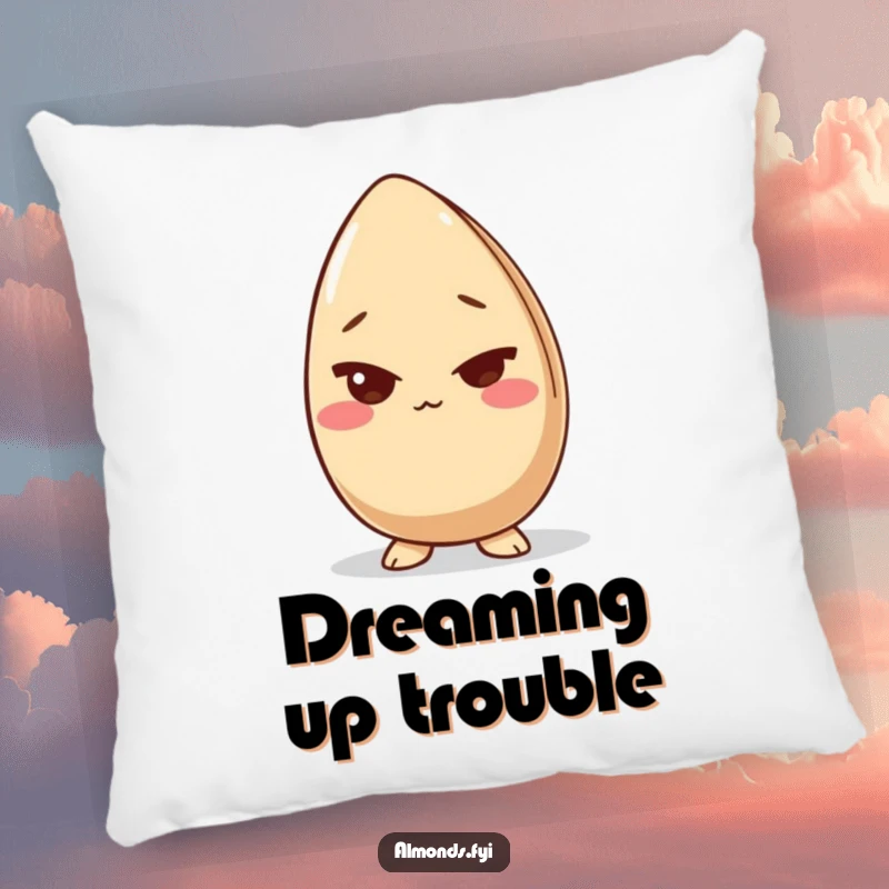 Funny pillow with a giggling almond character slyly winking, providing comfort and a touch of playful humor to any seating area.