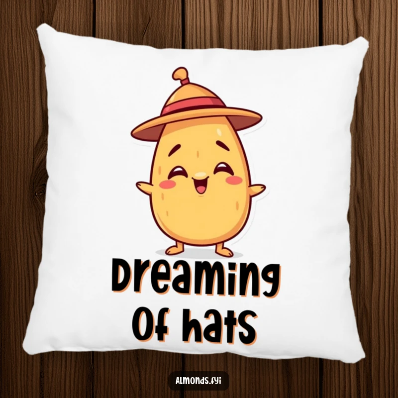 Funny pillow with a mischievous almond character balancing a tiny hat, offering comfort and a touch of nutty humor.