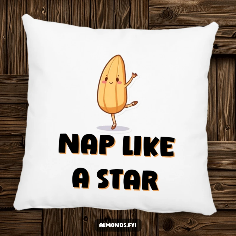 Funny pillow illustration of an almond character attempting a ballet pose with comically awkward limbs, radiating a sense of joyful clumsiness.