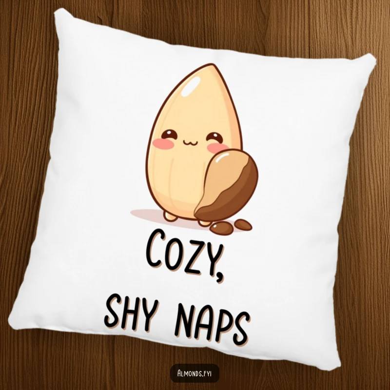Funny pillow: bashful almond character blushing deeply while hiding behind a delicious chocolate chip, offering comfort and cuteness.