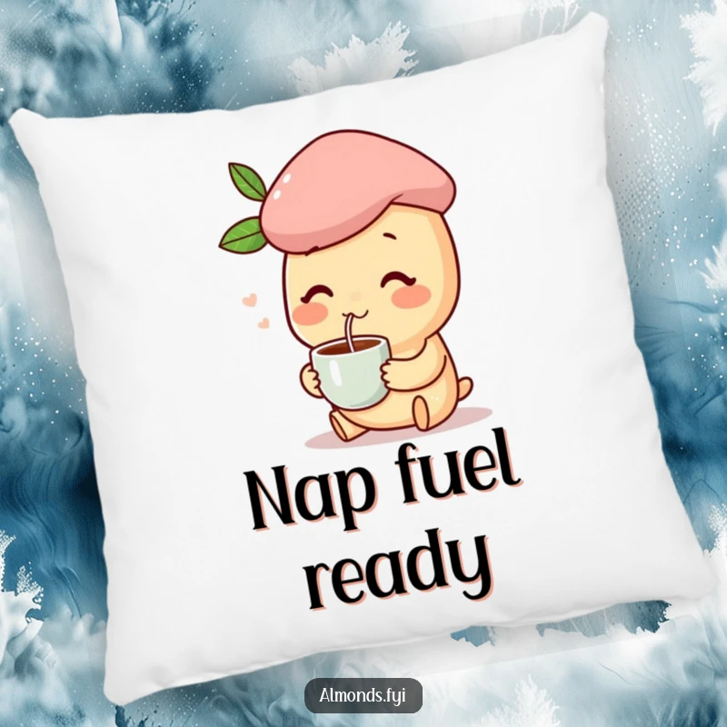 Funny pillow with a happy almond character wearing a beret and sipping coffee, offering cozy sophistication.