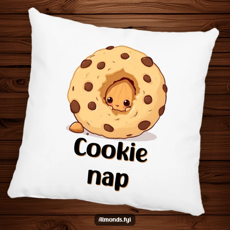 Funny pillow illustration of a curious almond character peeking from behind a giant cookie crumb, looking endearingly inquisitive.