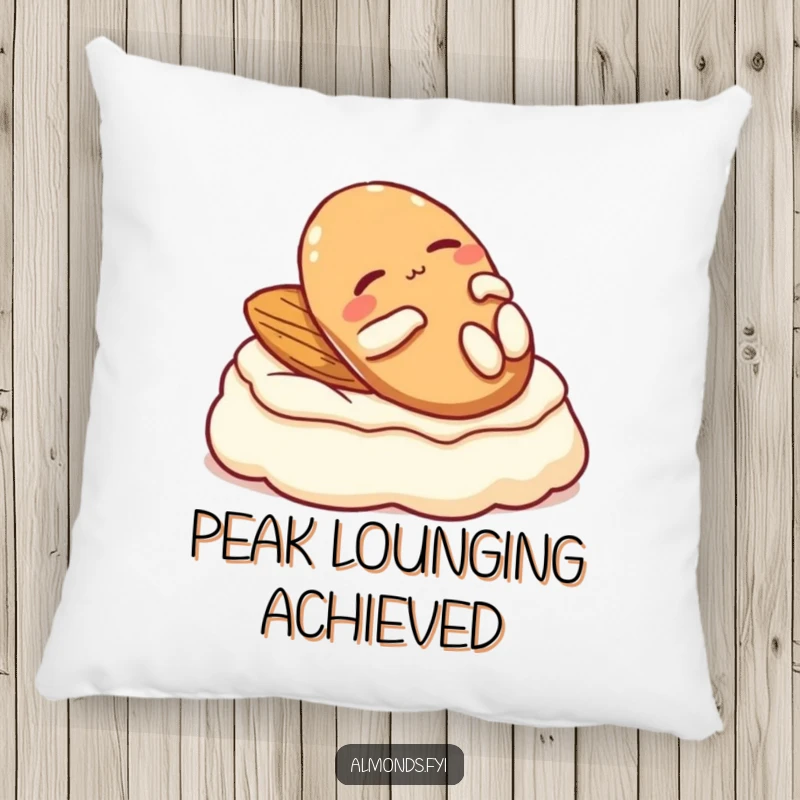 Funny pillow: A relaxed almond character blissfully lounging on cream, perfect for comfort and calm.