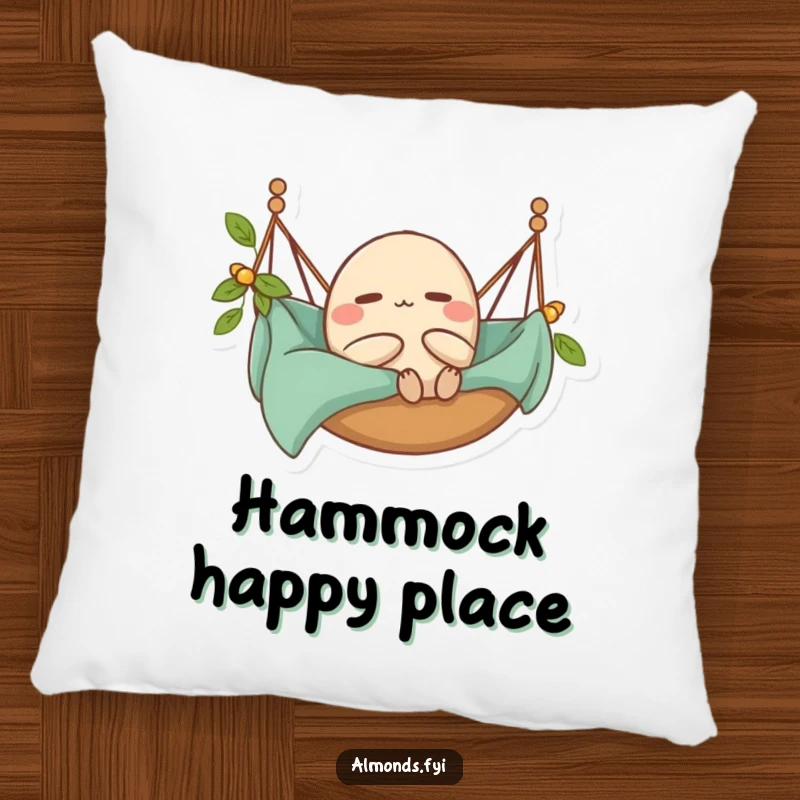 Funny Pillow: A content almond character happily relaxing in a hammock, perfect for cozying up.