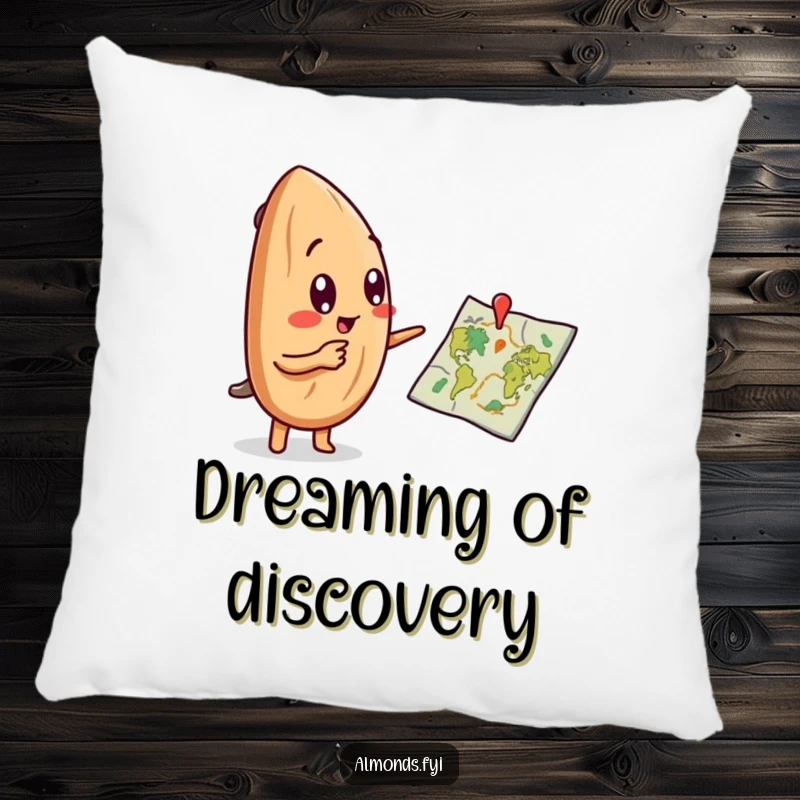Funny pillow featuring a curious almond character pointing enthusiastically at a whimsical, tiny illustrated map.