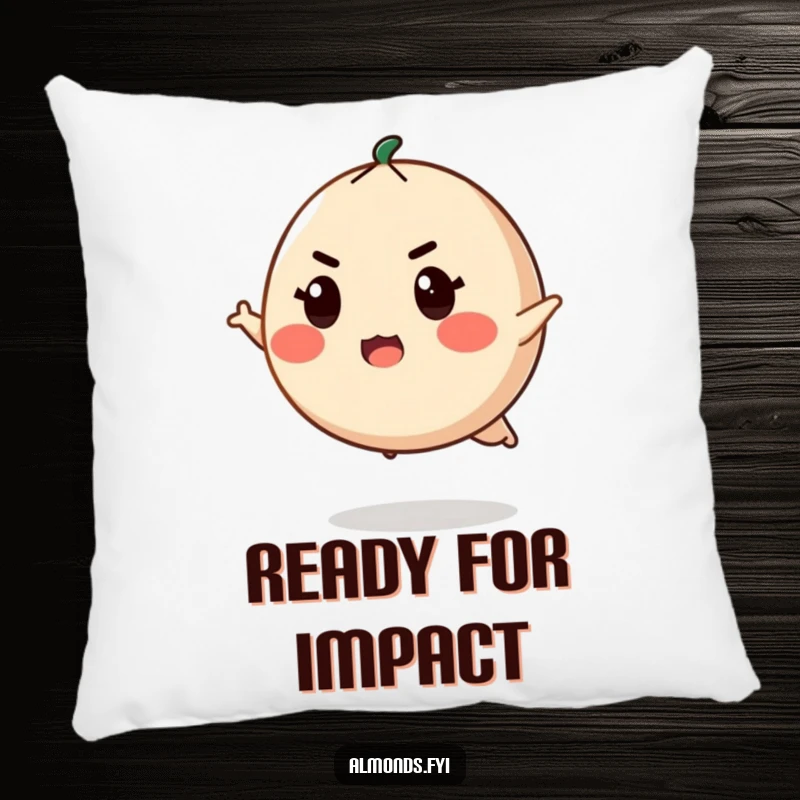 Funny pillow with a determined, round almond character with a fierce expression, poised to leap, offering motivational comfort.