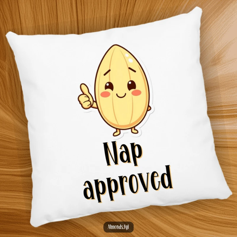 Funny pillow with a happy almond character giving a thumbs up and a slight smile, providing comfort and a positive message.