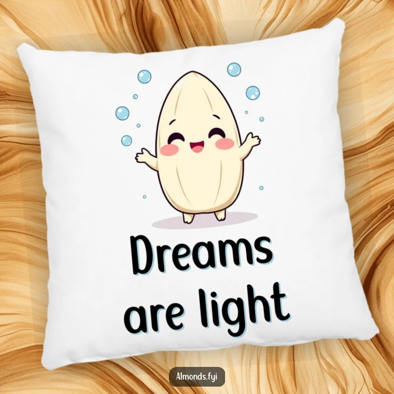 Funny pillow with a playful, round almond character gleefully juggling tiny dew drops, offering comforting cheerfulness.