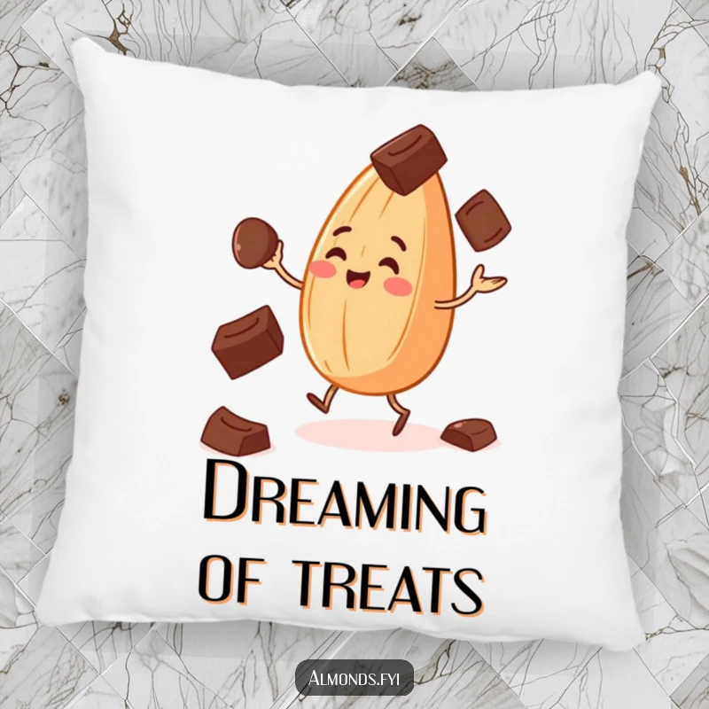 Funny pillow with a cheerful almond juggling chocolate chips, offering humorous comfort and decor.