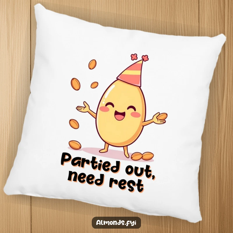 Funny throw pillow depicting a happy almond character in a party hat, expertly juggling miniature almonds, perfect for adding playful decor.