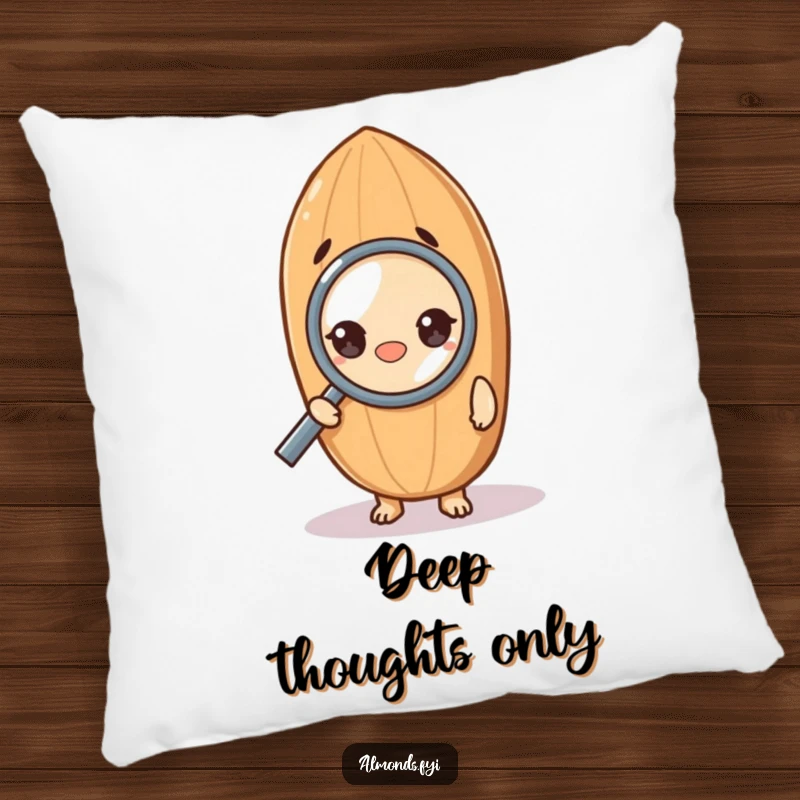 Funny pillow graphic of an almond character using a magnifying glass, conveying a humorous sense of deep thought and investigation.