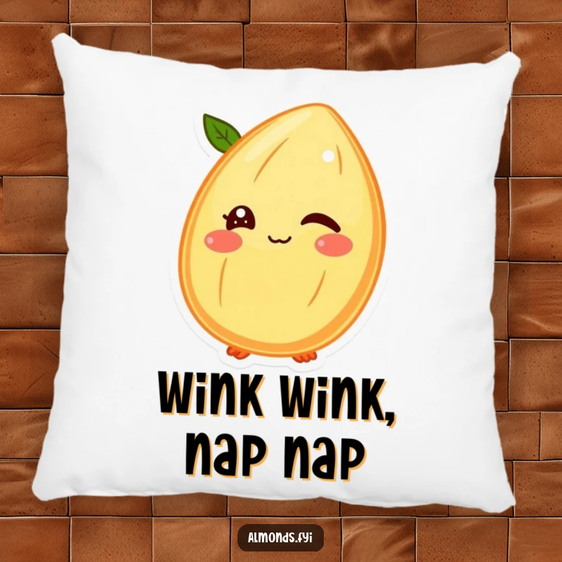 Funny pillow graphic of a winking almond character with its shell face, conveying playful secrets and cheeky humor humorously.