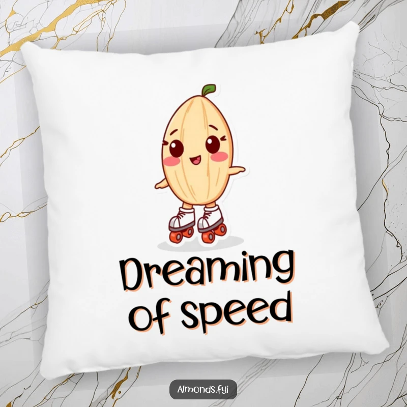 Funny pillow: A happy almond character sporting tiny roller skates, perfect for adding comfort and humor.