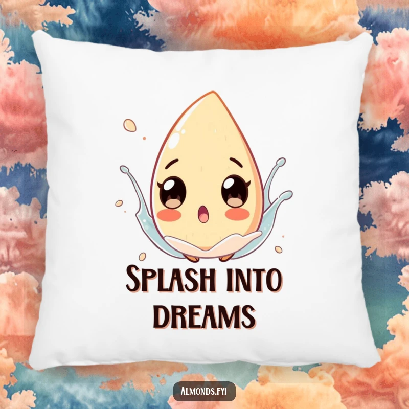 Soft pillow featuring a funny surprised almond character with exaggerated eyes floating in a playful splash, for cozy humor.