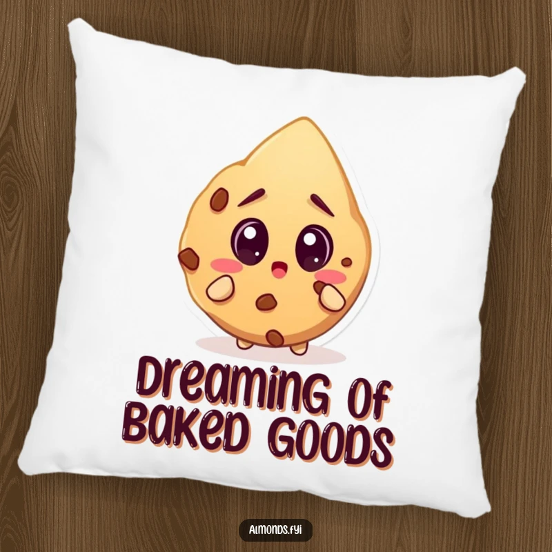 Funny pillow showing a surprised almond character with big eyes looking at a giant cookie, offering comfort and chuckles.