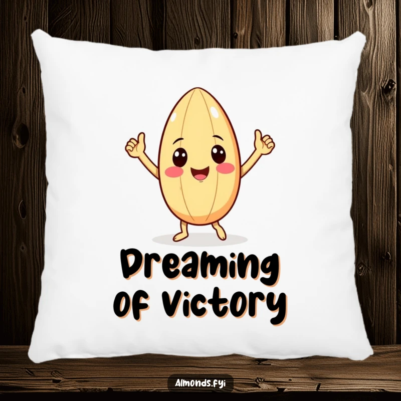 Funny throw pillow depicting a smiling almond character with miniature arms engaging in a lively victory dance, perfect for adding humor to seating.