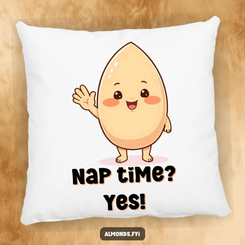 Funny pillow featuring a chubby, blushing almond character with a friendly wave, offering soft, cheerful comfort.