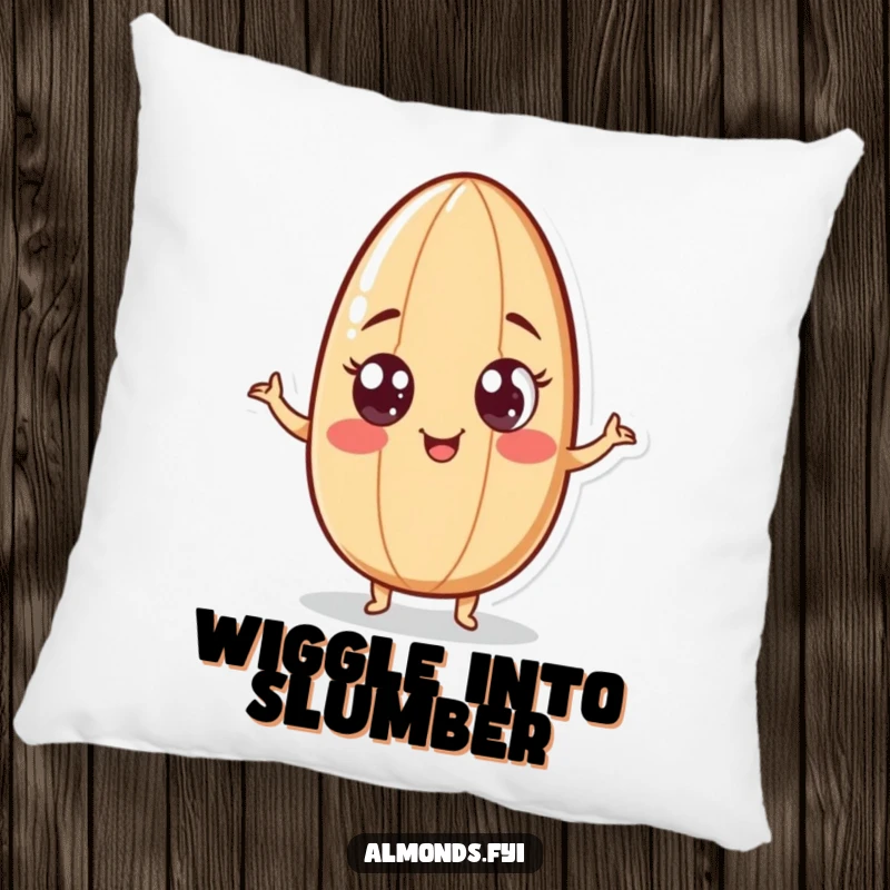Funny throw pillow depicting a playful almond character with googly eyes, doing a humorous wiggle, perfect for adding fun to seating.