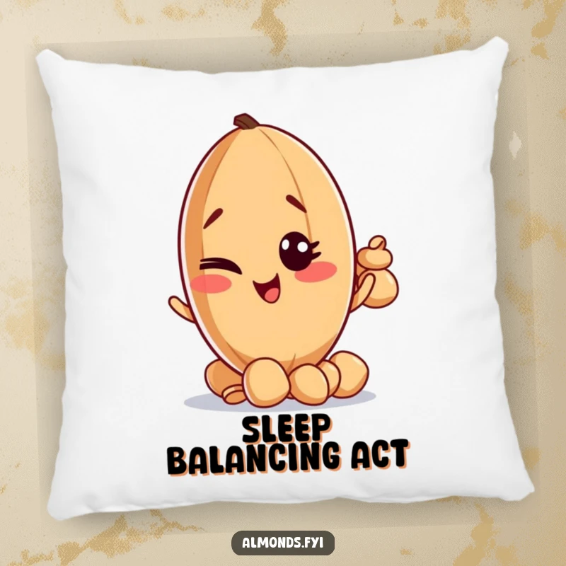 Funny pillow featuring a sly, winking almond character balancing a comical stack of small nuts.