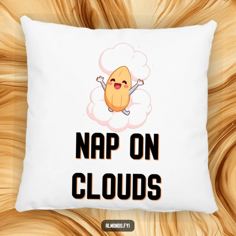 Funny pillow illustration of a happy almond character joyfully leaping into a giant, fluffy marshmallow cloud, embodying ultimate comfort.