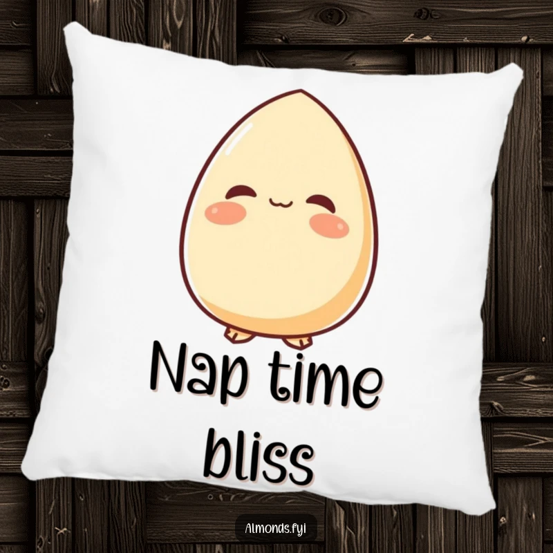 Funny pillow with a content almond character looking upwards with a peaceful smile, providing comfort and a serene decorative element.