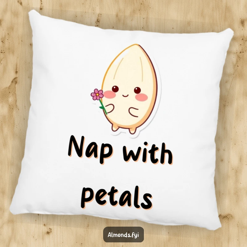 Funny pillow illustration of a happy almond character with rosy cheeks holding a tiny flower, conveying pure contentment and warmth.