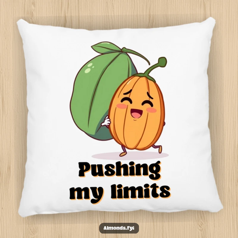 Funny pillow with a determined almond character comically attempting to push a very large, friendly raisin, adding comfort.